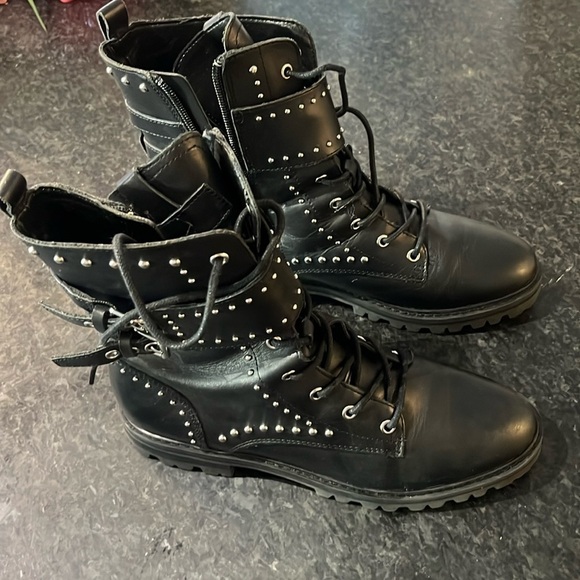 Marc Fisher Belted Studded Leather Moto Combat Boots - Picture 5 of 11